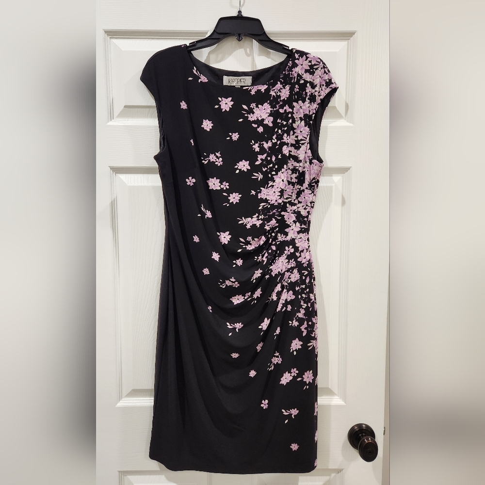 Kasper Black Sheath Dress with Lilac Purple Floral Cap Sleeves
